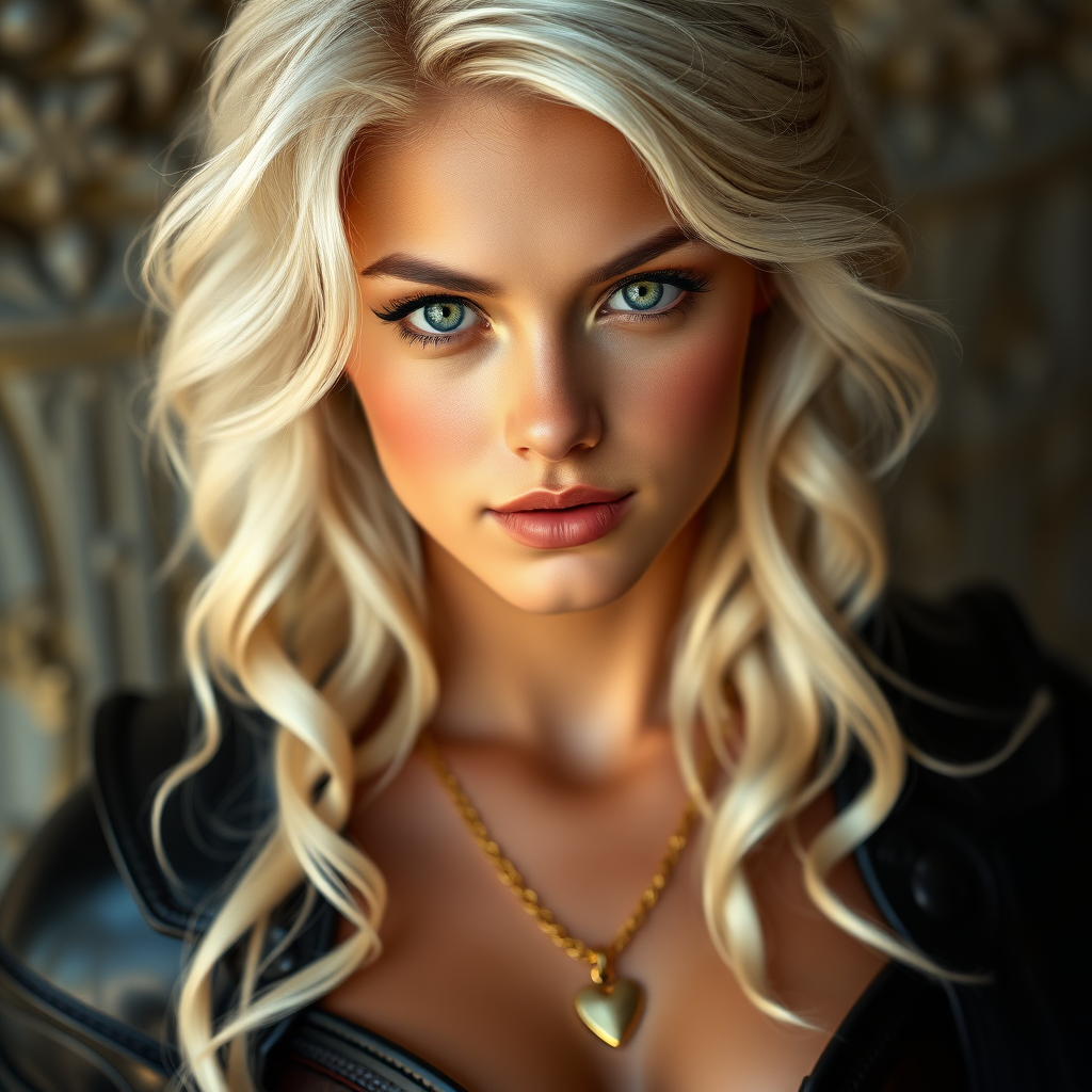 Portrait of a beautiful young woman with long wavy platinum blonde hair, green eyes, a suntan, light brown eyebrows, and large breasts. She is wearing black leather armor and a gold necklace with a small heart pendant.