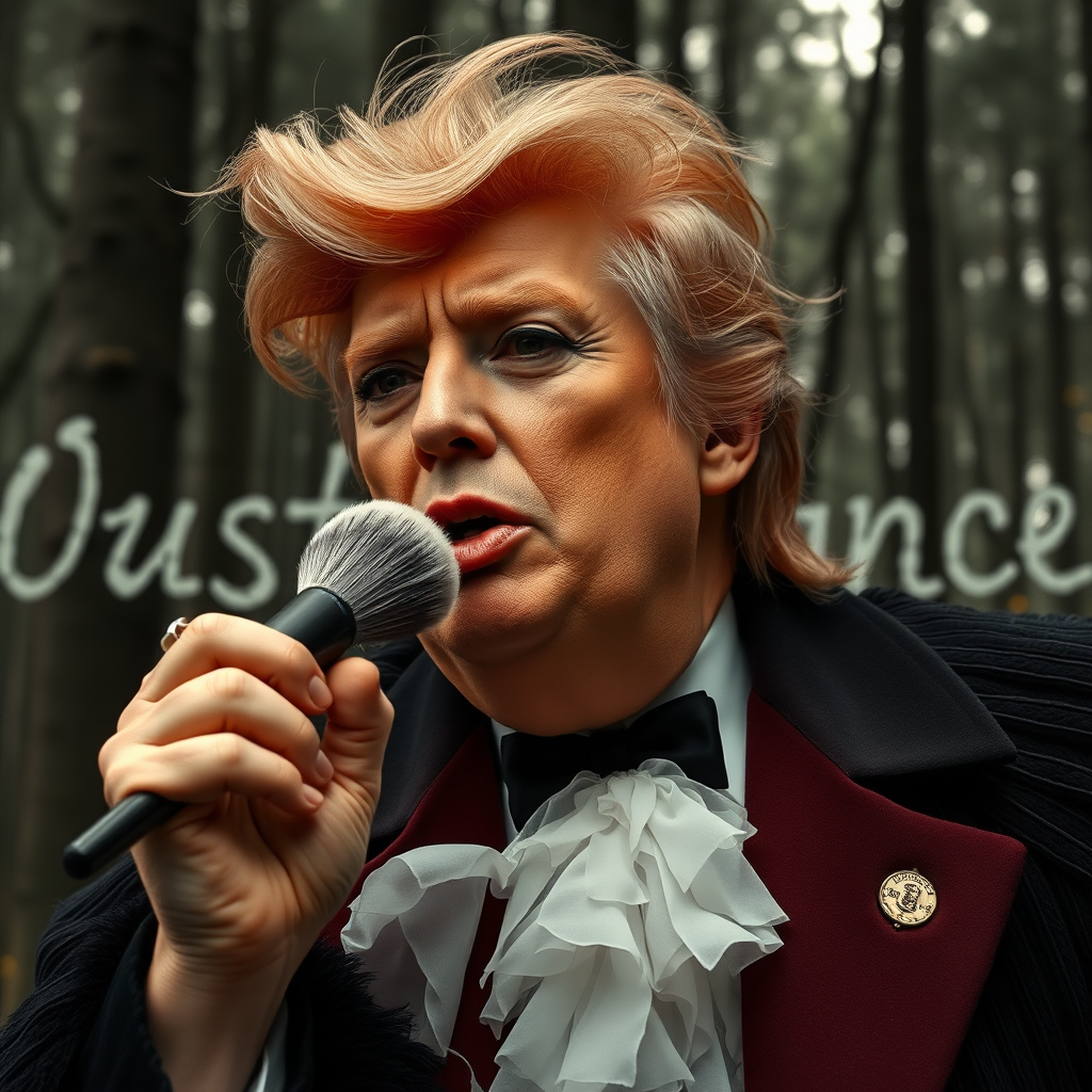 Donald Trump as a Drag Queen with brushing, eyeliners and velvet gloss performing in the black forest with 'Ouest France' written in tree leaves