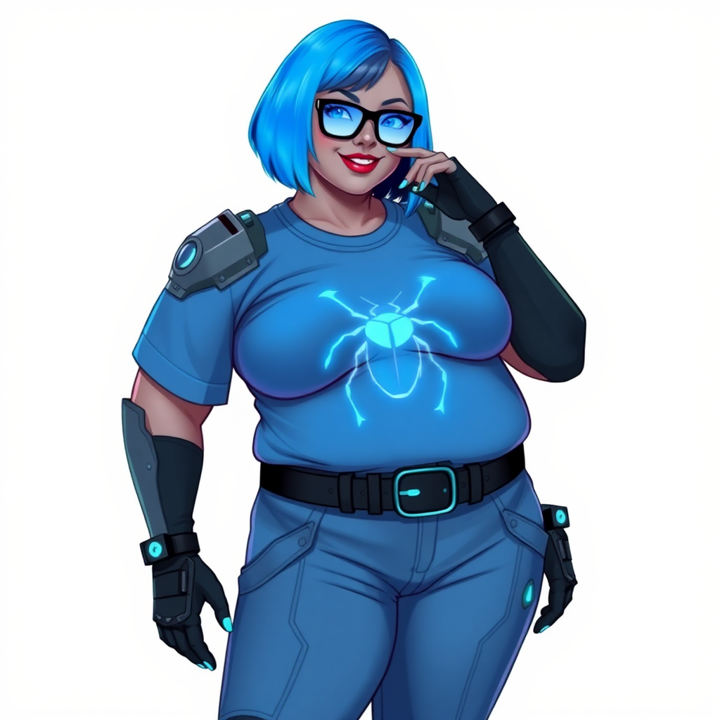 A 28-year-old, full-figured, metallic middle gray skinned computer program hybrid with a vibrant maximum blue bob cut. She has a non-athletic build, highlighted by a prominent, round, large midsection (fully emphasizing her round large belly) while being covered by her large t-shirt, reflecting her new junk food eating habits influenced by her boyfriend. As the full-figured, nerdy, digital sidekick to her cyberpunk vigilante boyfriend, her middle gray metallic skin and maximum blue lipstick underscore her digital essence. She dons a digital, computerized outfit: a large, tight-fitting, high-tech, maximum blue t-shirt with neon blue glowing beetle themed accents complete by a giant neon blue glowing beetle icon on the chest, hi-tech shoulder pads with neon blue accents, a black hi-tech belt with a digital neon blue glowing buckle, digital maximum blue pants with neon blue accents, and black hi-tech gloves with neon blue glowing accents. Her neon blue glowing eyes, black eyeglasses with neon blue glowing lenses equipped with a built-in HUD, and shy smile with neon red blush highlight her nerdiness. She stands bashfully with one hand behind her back and the other gently touching her cheek, her outfit covering all her bare skin and fully emphasizing her full-figured physique (especially her large belly). She is clearly non-athletic, with a heavy focus on her full-figured physique (with full emphasis on her large belly). Despite her build, she radiates beauty. Her slim face contrasts with her physique, accentuating her radiant beauty. She is set against a solid white background. She is drawn as if she were in a retro 2D cyberpunk fighting game.