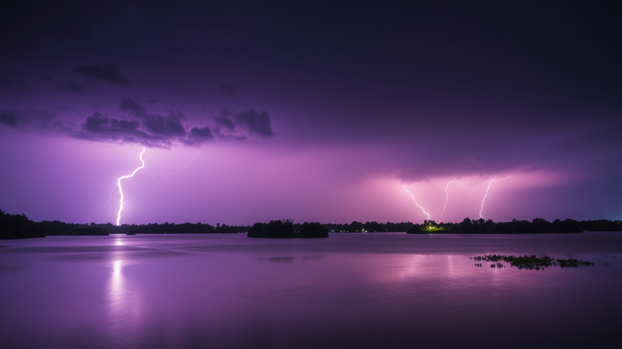 photo, lakes, purple sky, lightning