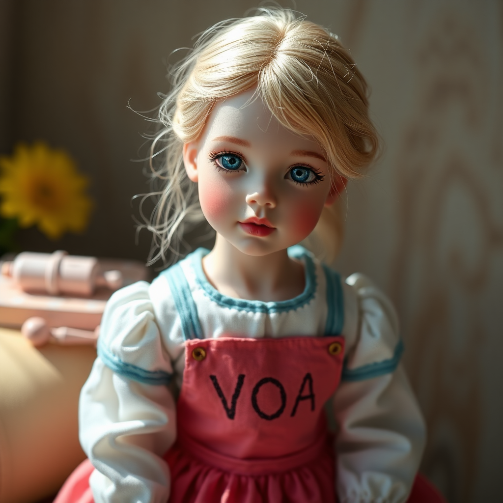 ooak art doll, artist doll, realistic doll, life-like porcelain doll, young preteen girl, unique personality, bisque doll, text "VOA" on dress, aesthetic, artistic photography, sunshine