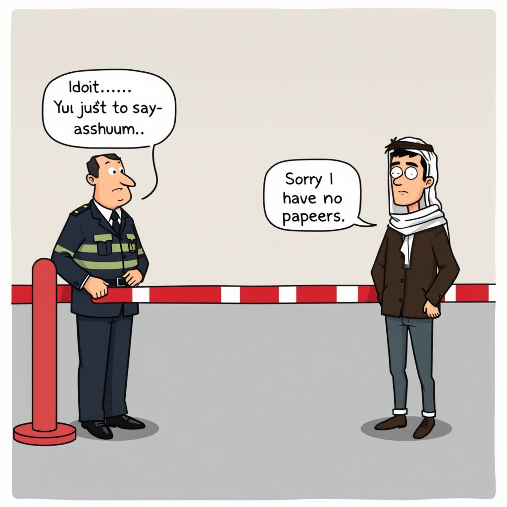 Create a cartoon picture of a German customs officer standing on one side of a lowered barrier. He says in German in a bubble: "Idiot...You just have to say asylum". On the other side of the barrier stands an Arab-looking young man. He says in English in a bubble: "Sorry I have no Papers". The barrier is in red and white. The sign of the German state is next to the German customs officer.