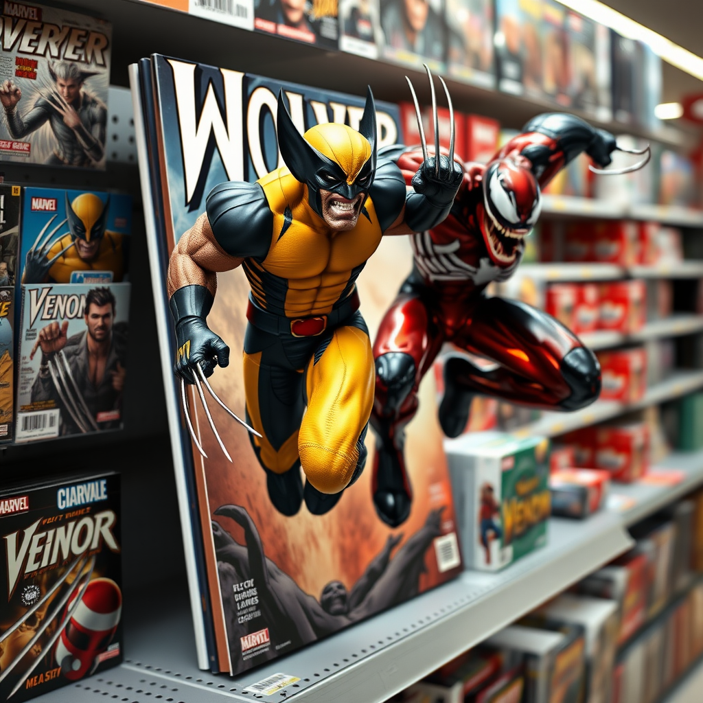 Jumping out of a Comic book cover on a store shelf is Wolverine and Venom with in Cinematic Real3D photo-realistic quality.