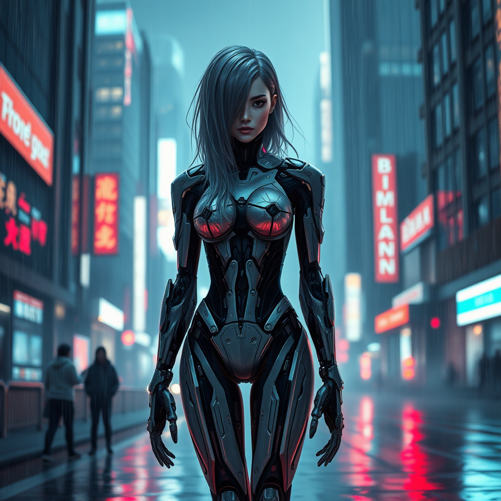 Create a photograph of a cyborg with the following characteristics. 

Cyborg design: Female gender. Standing. Long hair on head. 

Scene: Futuristic. Cityscape. Neon lighting. Night time. Heavy rain. 

Composition: Cyborg in foreground. The cyborg is facing forwards. Full view of cyborg. City in the background.