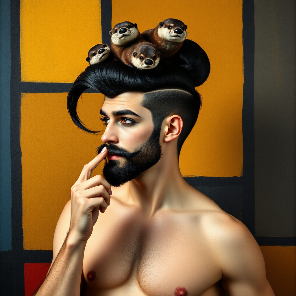 The background is a painting by Mondrian. A 4K hyper-realistic photograph in the style of Kandinsky, blending surrealism with kitsch. The subject is a man with an extravagant, French black haircut, styled in a flamboyant bun, paired with a sexy, masculine look. He sports a neatly groomed, three-day beard — short, evenly distributed, with a light shadow effect across the chin, jawline, and cheeks. His makeup is dramatic, like a drag queen, adding to the boldness of his appearance. He has a muscular, athletic build. He is naked with sexy nipple covers, standing confidently. His pose is that of a pin-up woman with a finger in his mouth. Above him, smaller otters rest playfully on his head.