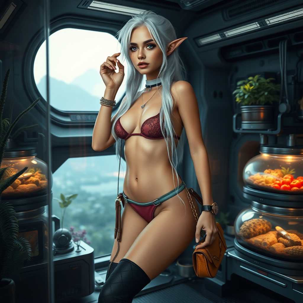 A full body shot of a pretty twenty-something elf girl with a face resembling (ana de armas). large chest, wide hips, narrow waist, thick thighs, pale, freckles, messy long white hair. crop top, thong, cyberpunk 2077, space station, food terrarium, high heel ankle boots, collar, purse and jewelry. Photorealistic digital matte painting, soft focus, film grain, lens flare. She is looking through glass. landscape beyond.