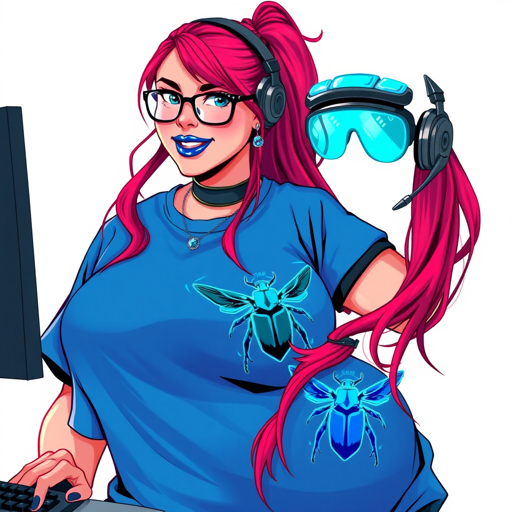 A cyberpunk vigilante’s full-figured intelligent and tech-savvy 29-year-old girlfriend, who is a computer hacker and tech genius. She has a long ruby red ponytail and bright blue eyes. She wears maximum blue lipstick, a sapphire beetle gemstone necklace, sapphire earrings, black eyeglasses, hi-tech metal arm armor, and an oversized maximum blue t-shirt featuring a neon blue glowing emblem of a winged beetle on its chest. She has a full-figured physique with a giant, round midsection, reflecting her well-cared-for lifestyle. She sports a sapphire headset with a hi-tech maximum turquoise lensed HUD, and a beaming smile with a passionate bright red blush. Despite her figure and a lack of self-esteem, she radiates beauty. She has a slim face which contributes to her radiant beauty. She serves as his tech expert from his hideout, diligently working at her lab table and computer desk. The background is solid white. She is drawn as if she was in a retro 2D cyberpunk fighting game.