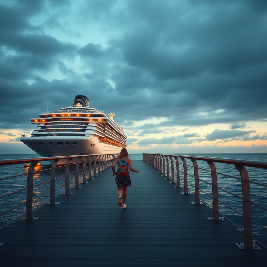 create a photo realistic image of a tourist couple running on the pier towards their cruise ship, but the ship has sailed away. Make the image rectangle and not square