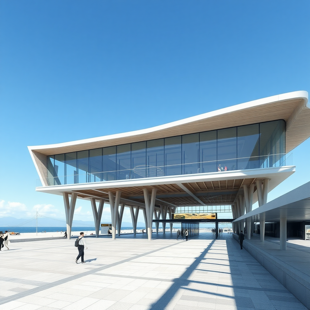 Concept design of a bus terminal inspired by Sendai Mediatheque  
Architect: Toyo Ito with stilt floor and staggered flooring with 2 storey structure. Bus terminal should be an open, fluid public space with commercial space. The bus terminal has a beach on the west side. Architecture structural form.