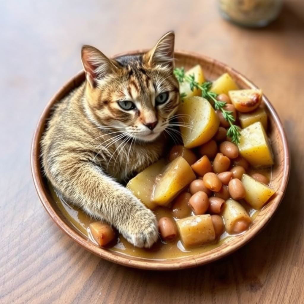 Roast cat with potatoes and beans