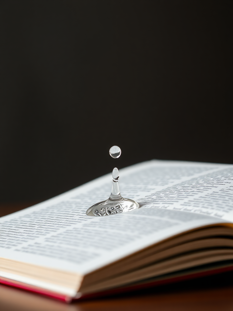 Create the following prototype: A large single drop of water runs down a slanted book page.