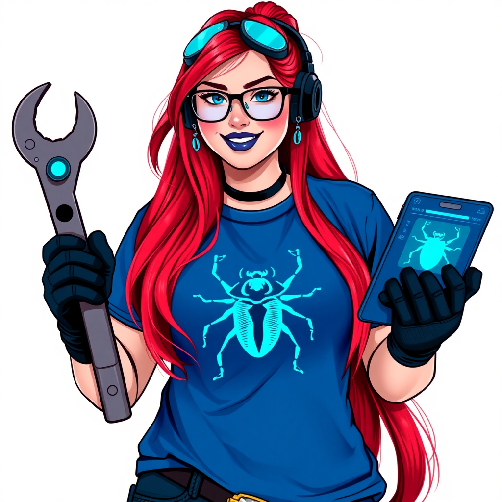 A full-sized, intelligent and tech-savvy 28-year-old computer hacker and tech genius. She has a long ruby red ponytail. She wears maximum blue lipstick, blue eyes, a sapphire beetle gemstone necklace, sapphire earrings, black eyeglasses, hi-tech power gloves, and an oversized maximum blue t-shirt featuring a neon blue glowing beetle chest icon. She has a full-figured physique with a large, prominent, wrecking ball-sized midsection, reflecting her well-cared-for lifestyle. She sports a sapphire headset with a hi-tech maximum turquoise lensed HUD, and a beaming smile accentuated by a passionate neon red blush. She serves as his tech expert from his hideout, holding a futuristic tool wrench and a futuristic digital tablet. The background is solid white. She is drawn as if she was in a retro 2D cyberpunk fighting game.