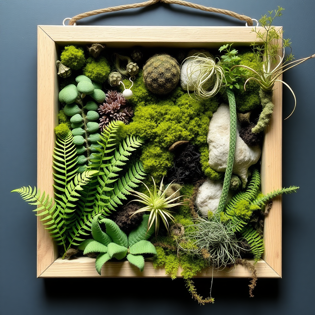 A frame is filled with ferns, flat moss, and air plants.