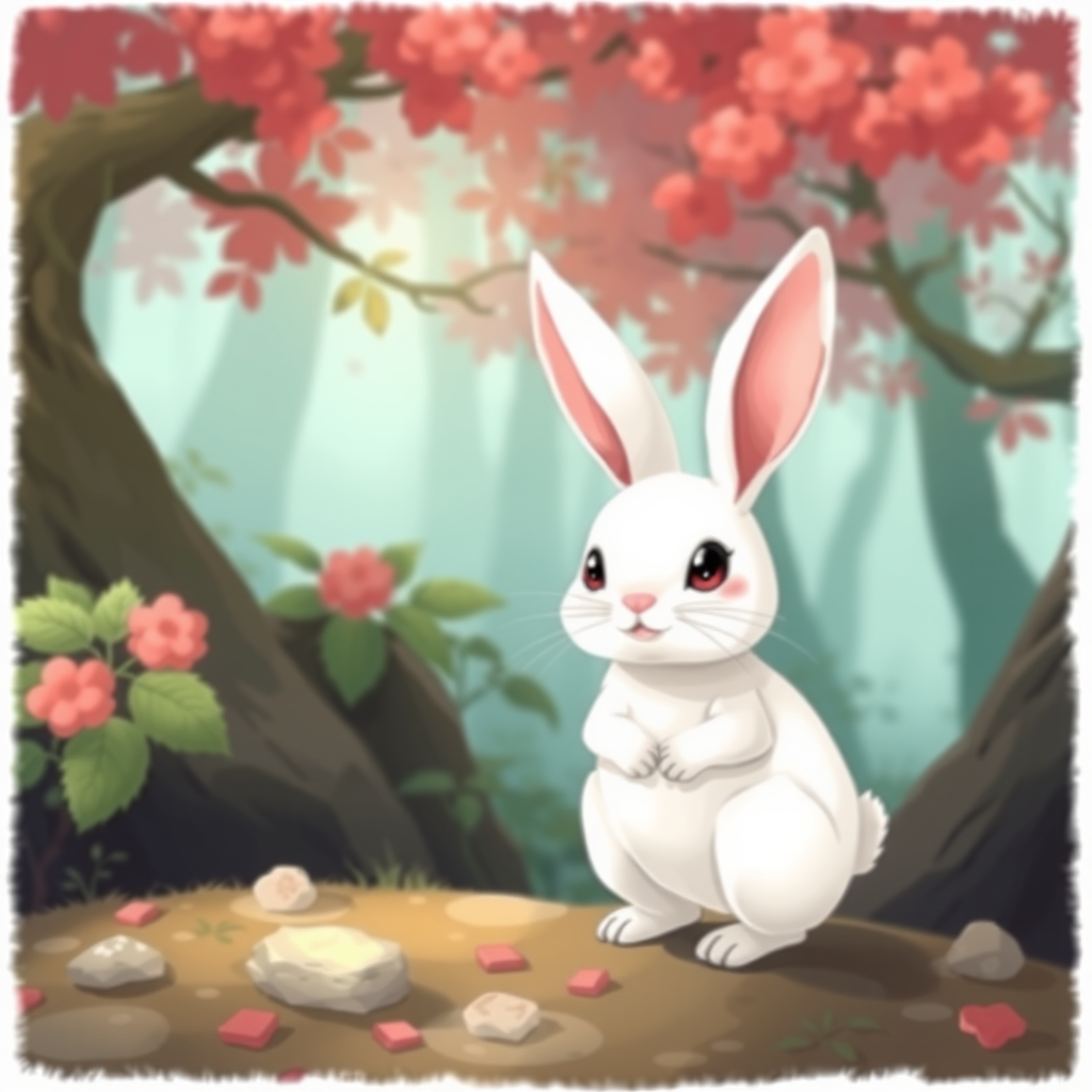 In a distant and beautiful forest, there lived a little rabbit named Guai Guai. Guai Guai had snow-white fur, ruby-like eyes, and a pair of long, soft ears. Every day, it joyfully hopped around the forest.