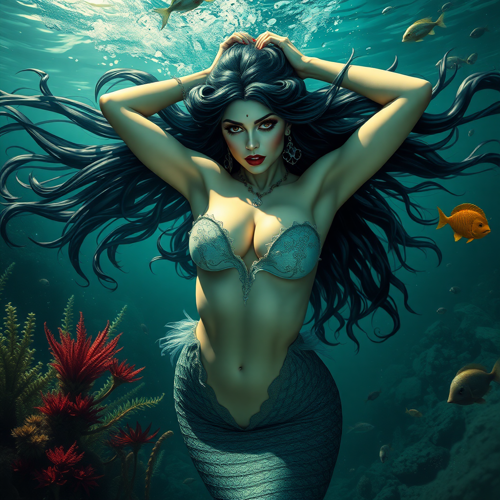 Vampirella as a mermaid underwater amazing loose flowing hair floating in a nimbus around her beautiful face her arms outstretched languidly over her head. she's looking down into the viewer's eyes making intense eye contact. loose fitting diaphanous. Burlesque. Stunning undersea life details plants and fish and other creatures of the sea. Powerful three dimensional graphic effects. HD photo.