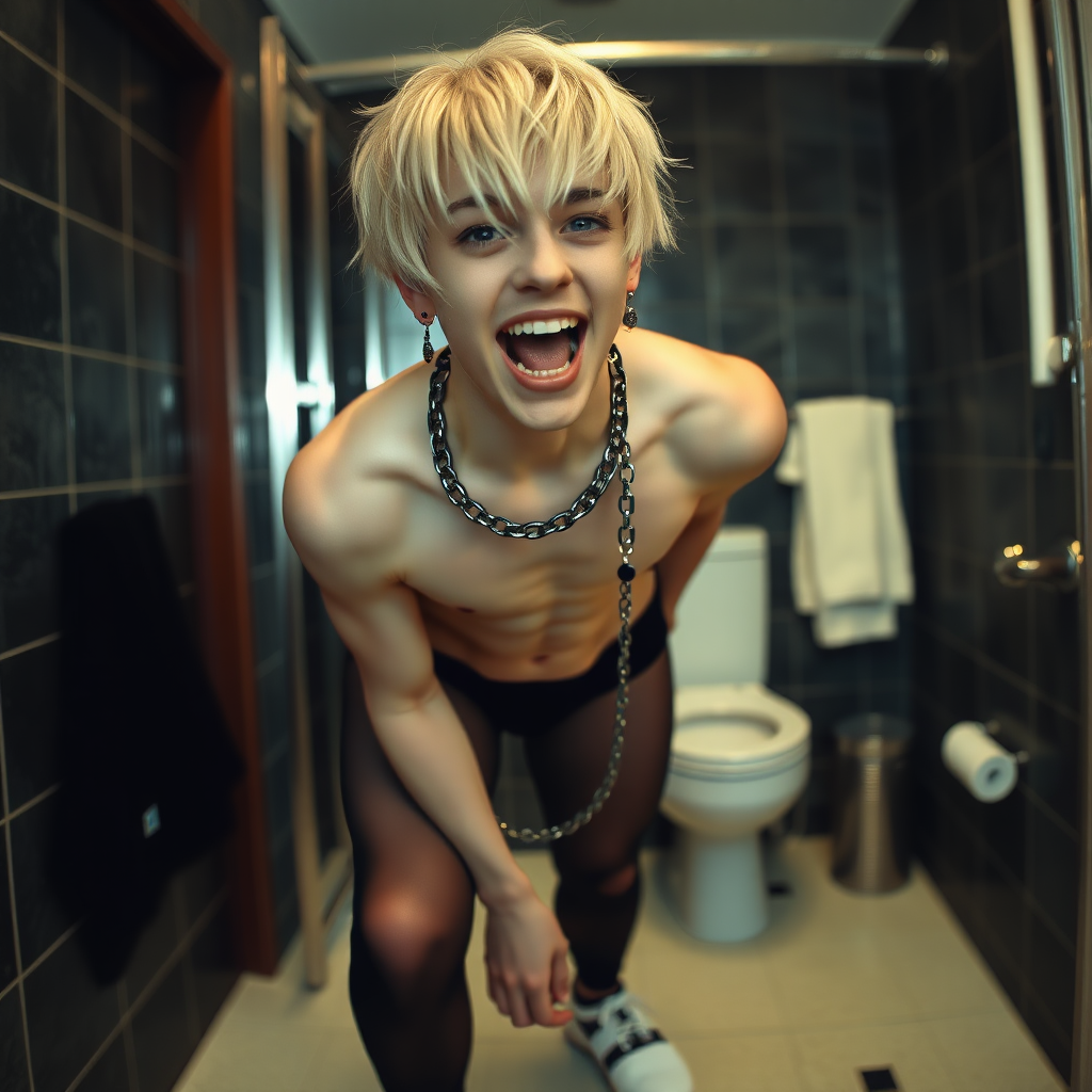 photorealistic, ultra high resolution, 16K, surreal fantasy, studio lighting, a pretty 16 year old goth boy, slim male physique, short blonde hair, goth makeup, earrings, spiky chain and leash, pantyhose, white ballet shoes, in the bathroom, excited open mouth smile, facing the camera,