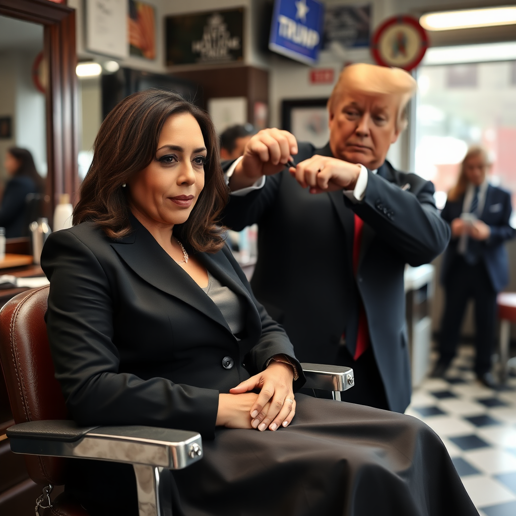 Kamala Harris sitting in a barbershop while Donald Trump cuts her long hair.