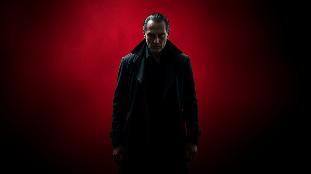 Create a YouTube miniatura (1024x576) with a mysterious man in a long, dark trench coat, similar to Dean Winchester, standing in the center. His face should be partially hidden in shadows, creating an eerie atmosphere. The background should be a gradient of blood-red fading into black, with subtle textures like cracks or shadows. Use soft lighting to illuminate parts of his figure while keeping the rest in darkness. The overall mood should convey psychological horror, with a clean and modern font in the top corner for the title.