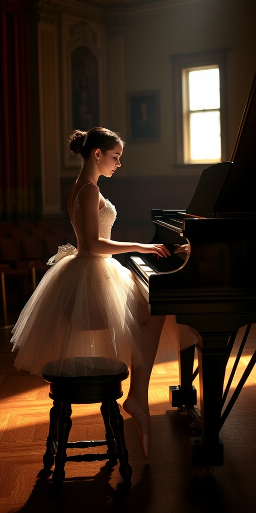 In the dim-lit auditorium of a historic ballet company theater, the air is thick with a sense of nostalgia, the kind that whispers stories of artistry and talent. A ballerina, poised elegantly on a weathered wooden stool, plays a grand piano with a mastery that transforms each note into a haunting melody. Clad in a delicate, ivory vintage tutu adorned with intricate lace and shimmering sequins that catch the soft light, her hands glide over the polished ebony keys, creating a symphony that echoes through the room.

The stage is bathed in a magical, ethereal glow, casting warm, golden highlights that accentuate the ornate details of her costume and the glossy sheen of the piano’s surface. Shadows dance gracefully along the walls, mingling with the muted colors of the velvet curtains that frame the stage. The scent of aged wood mingles with a faint hint of blooming jasmine wafting in from an open window, enhancing the dreamlike quality of the moment.

As she plays, a hushed silence envelops the audience, each note evoking memories and emotions that hang in the air like an invisible tapestry. The ballerina’s expression is serene yet deeply introspective, revealing a connection to the music that transcends the physical realm. Her fingers move with a fluid grace, reminiscent of the graceful pirouettes she performs when dancing, as if her entire being is infused with the rhythm of the piece.

In this intimate setting, the atmosphere pulses with a bittersweet beauty, where the past and present intertwine, inviting all who are present to lose themselves in the enchanting world of dance and melody that unfolds before them.