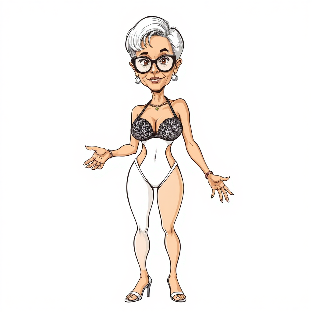 a towering 55 Years old, fit, slim, European, Latina, sharp aquiline nose, wrinkles, high cheekbones, Middle Eastern, Skinny, Tanned skin, Dark light skin, Rounded Medium breasts, Skinny thighs, full Makeup, jewelry, Serious face, Sharp nose, Ash hair, short bowl haircut, Brown eye color, Glasses, with detailed features. she is wearing embroidered black mesh balconette bras and a tight white high cut 1980s mesh cut out swimsuit, detailed fabric.  full body, high heels sandals, she is gesturing at the viewer, sweating, 
long establishing shot, 2D, caricature, cartoon, Sketch lines, coloring book, nlack and white, coloring book style on white background, well composed, clean coloring book page, No dither, no gradient, strong outline, No fill, No solids, vector illustration, realistic proportions