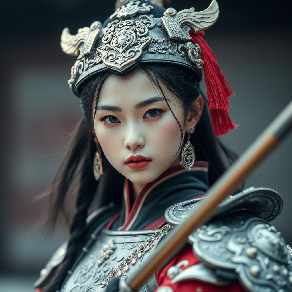 A pure and beautiful armored Chinese real girl warrior.