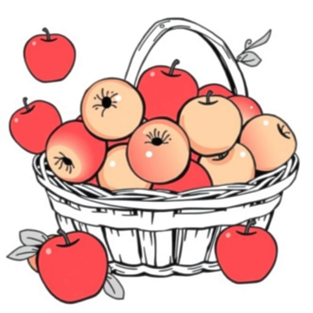 a color image of a basket of red, delicious apples, with a handle for the basket, a white background, and a stylized drawing compatible with B&W printing of the image