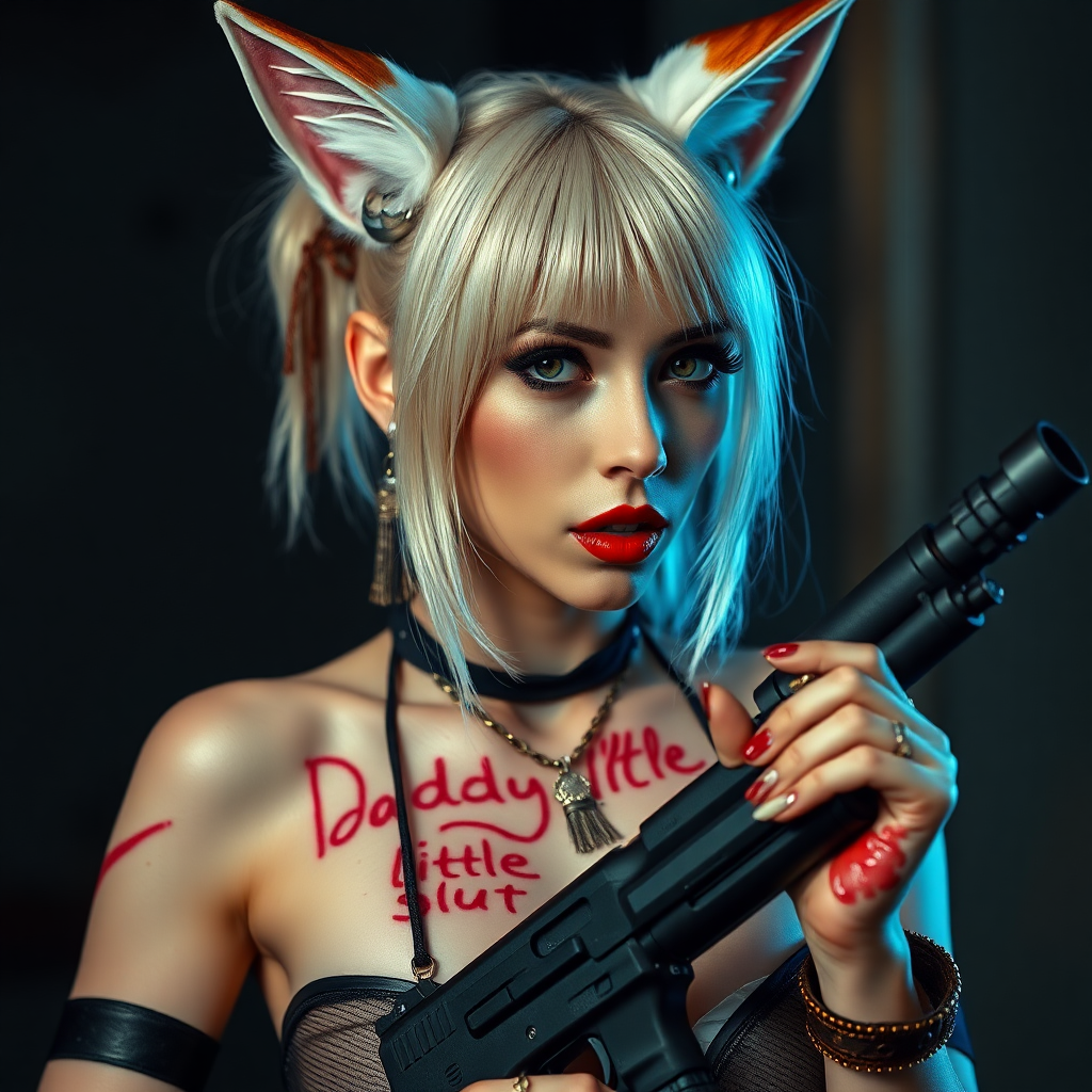 Full body shot, Real life photo of a cyberpunk prostitute, she has “daddy’s little slut” written on her skin with lipstick. She is holding a big gun, she has fox ears, tiny metal nipple tassels.