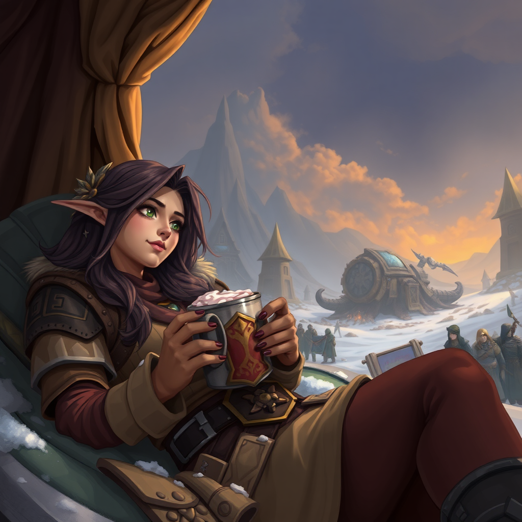 A female World Of Warcraft character relaxing after a grueling raid with a nice cup of hot chocolate. Her guild team is nearby. The defeated raid boss is massive and lies in defeat in the far distance.