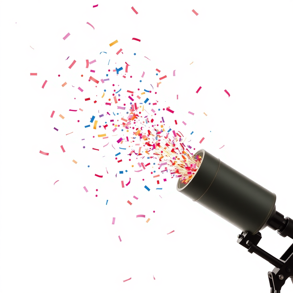 confetti cannon shooting confetti into the air, at an angle, white background, realistic, beautiful