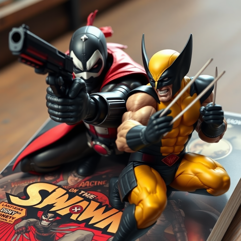 On a comic book cover is Spawn holding a gun Vs Wolverine in Cinematic Real3d photo-realistic quality.