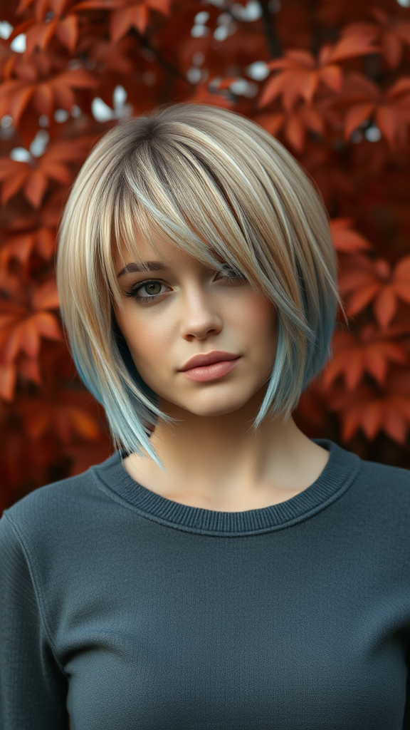 Bella Hadid with very short straight layered hair, blonde color with blue highlights, against a background of autumn chestnut foliage, in high definition.