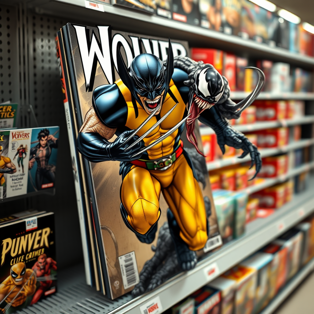 Jumping out of a comic book cover on a store shelf is Wolverine and Venom. Wolverine has his claws placed into Venom in cinematic Real3D photo-realistic quality.