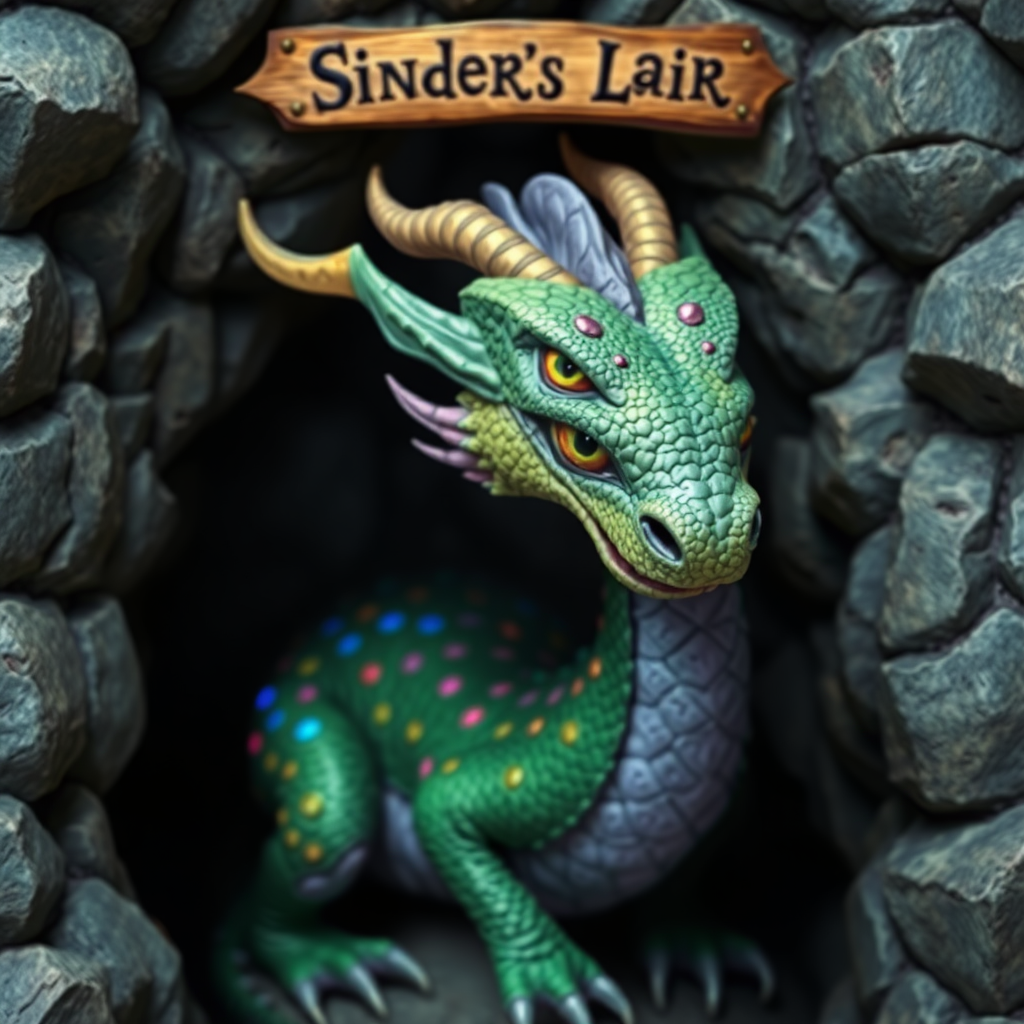 A photo realistic green dragon with rainbow sparkly spots and purple skin in a dragon cave with a sign above it that says "Sinder's Lair"