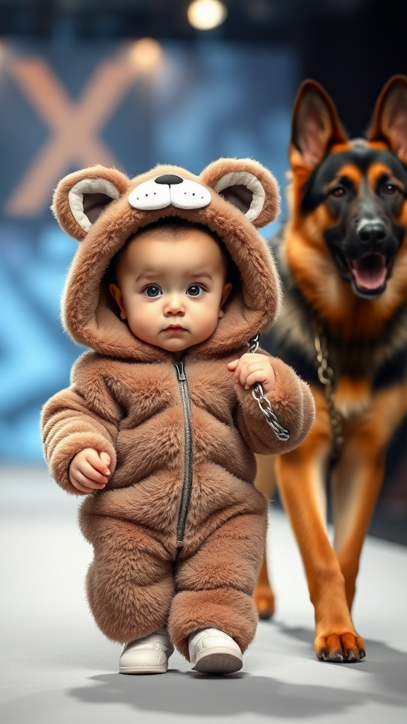 A cute small chubby fair baby with big eyes, pink lips, and pink cheeks, wearing a furry cozy dog costume, is doing a ramp walk in a fashion show, walking alongside a real German Shepherd dog, while holding the dog's collar chain in a cinematic way.