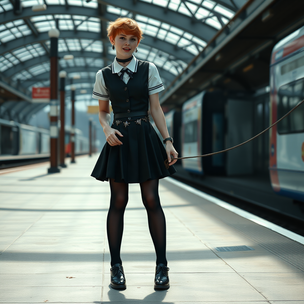 photorealistic, ultra high resolution, 16K, surreal fantasy, soft studio lighting, Tyler Swift is a pretty 18 year old goth male, slim male physique, auburn hair, goth makeup, earrings, shiny black pantyhose, UK girls-school uniform, Mary-Jane shoes, spikey neck collar chain and leash, standing at a station, the wind has blown his dress up to expose his pantyhosed bottom, his boyfriend is holding the end of the leash, in daylight, excited smile, facing the camera.