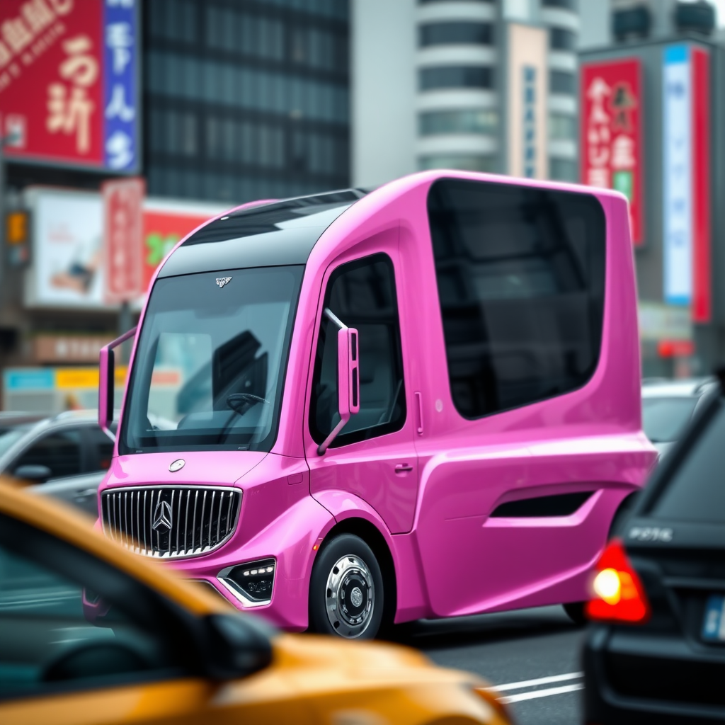 A photo of a futuristic Maybach truck in Tokyo traffic. The truck is a bright pink color and has a unique, elongated design with a large window. The background is blurred and contains other vehicles and buildings. The photo has a bokeh effect.