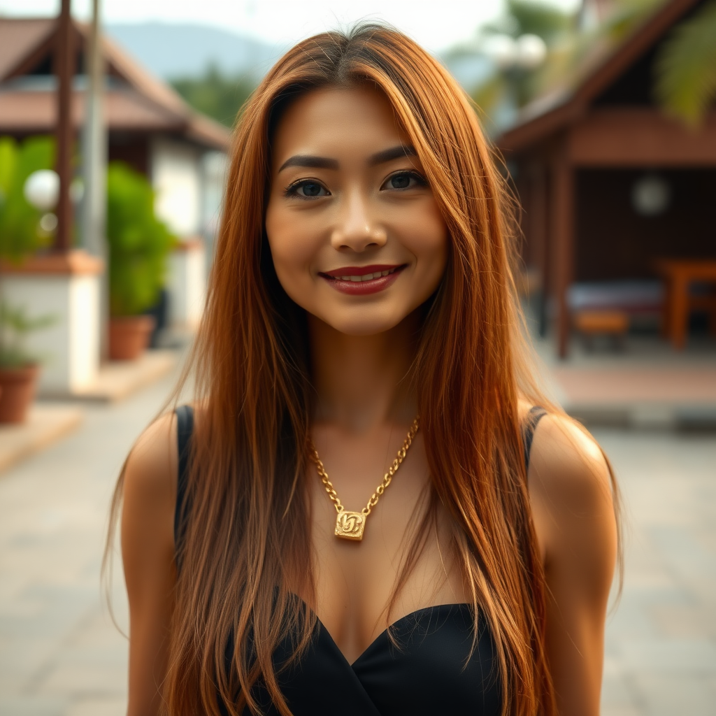 A absolutely sexy rich 50 Year old Thai Women with Chestnut colored long straight Hair and a fine Gold chain.