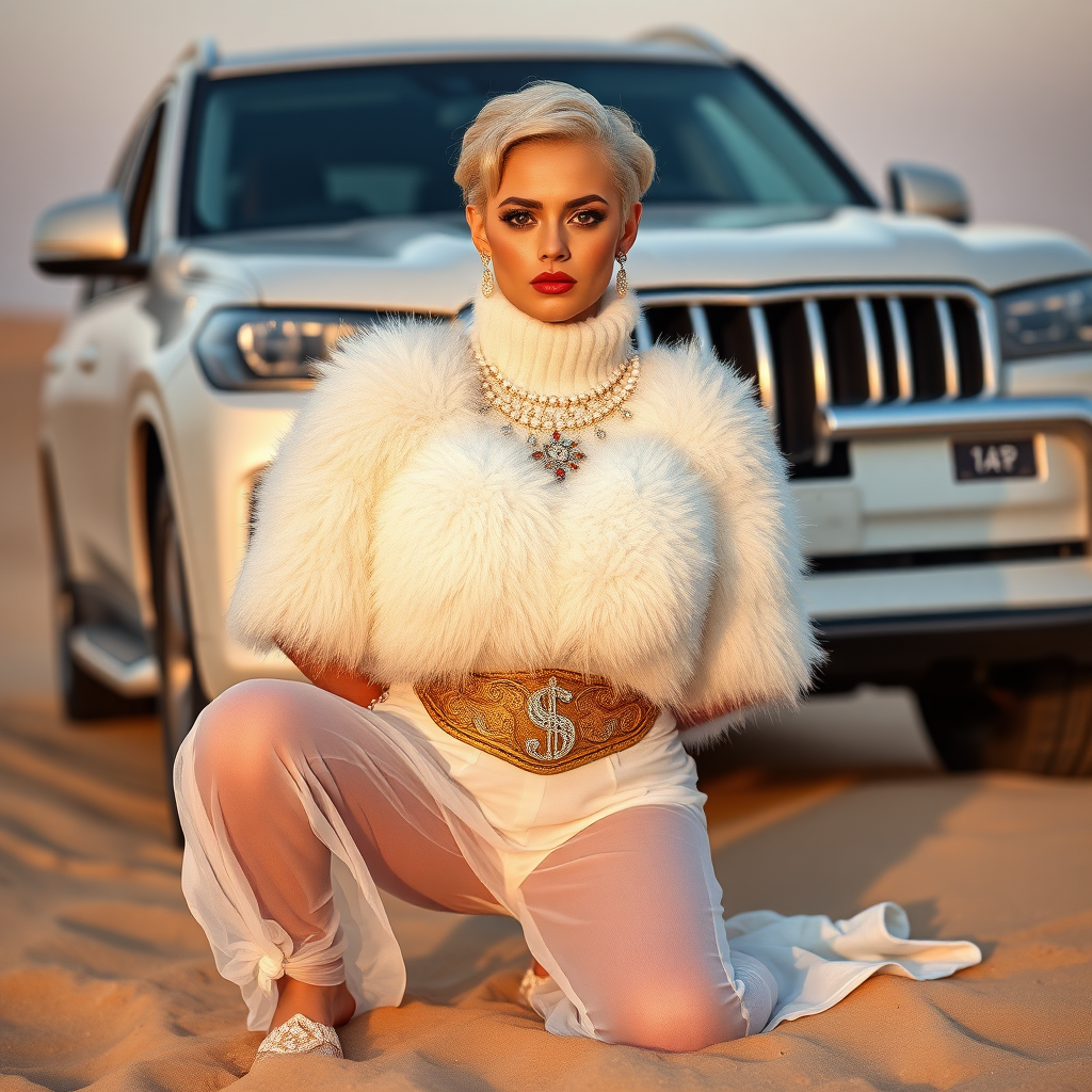 Kuwait desert dunes misty dawn, full size luxury SUV: Melissa, European 17 years old very convincing femboy “trophy-bimbo”, tamed servile docile, very beautiful feminine flawless face, rather short, by hormones very curvaceous womanly figured, platinum blond short tight curls, bold red lips, heavily made-up face, wearing Supertanya-style fluffy very fuzzy bright white angora turtleneck-poncho cropped ending under bust decorated with pearls and gemstones, striking oriental wide gold bridal protection belt, white fully transparent harem pants, full Oriental bridal jewelry, full Oriental face-jewelry, coin anklets, striking diamond “$$$” letter brooch on left chest, pout frustrated, hands tied behind back, kneeling in sand in front of SUV, looking at camera. Focus on face and turtleneck-poncho.