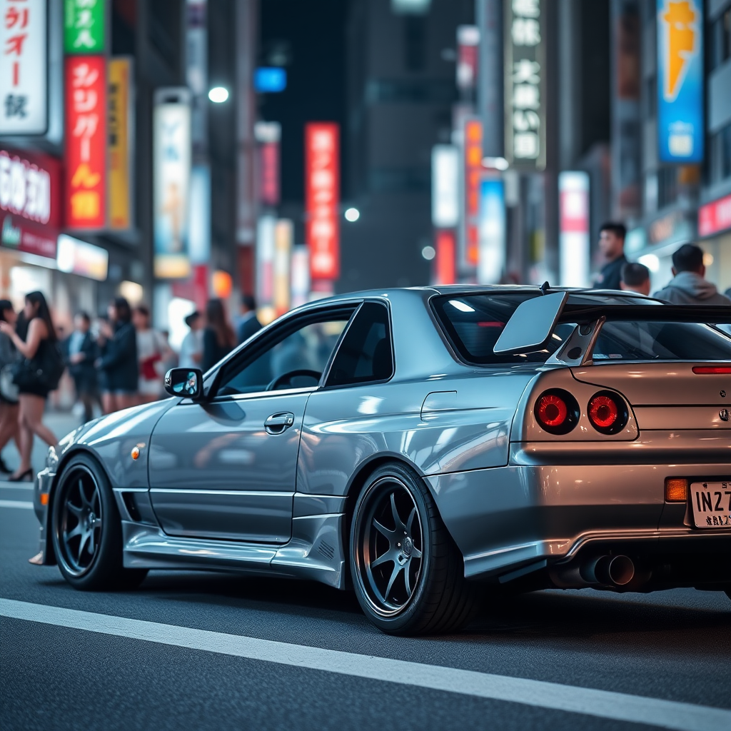 The car is parked on the side of the road, inspired by Taiyō Matsumoto, tumblr, restomod, nd4, c4 metallic shine gray black nissan skyline r34 crowded tokyo night cosplay women background flawless detailed general details.