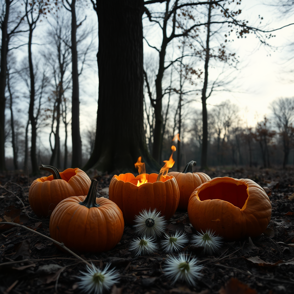 Grey sky afternoon in the autumn. Several Pumpkins in the forest on the ground. They are empty and open to one side where flames come out from the fire burning in them. Strange white pompoms are on the ground too.