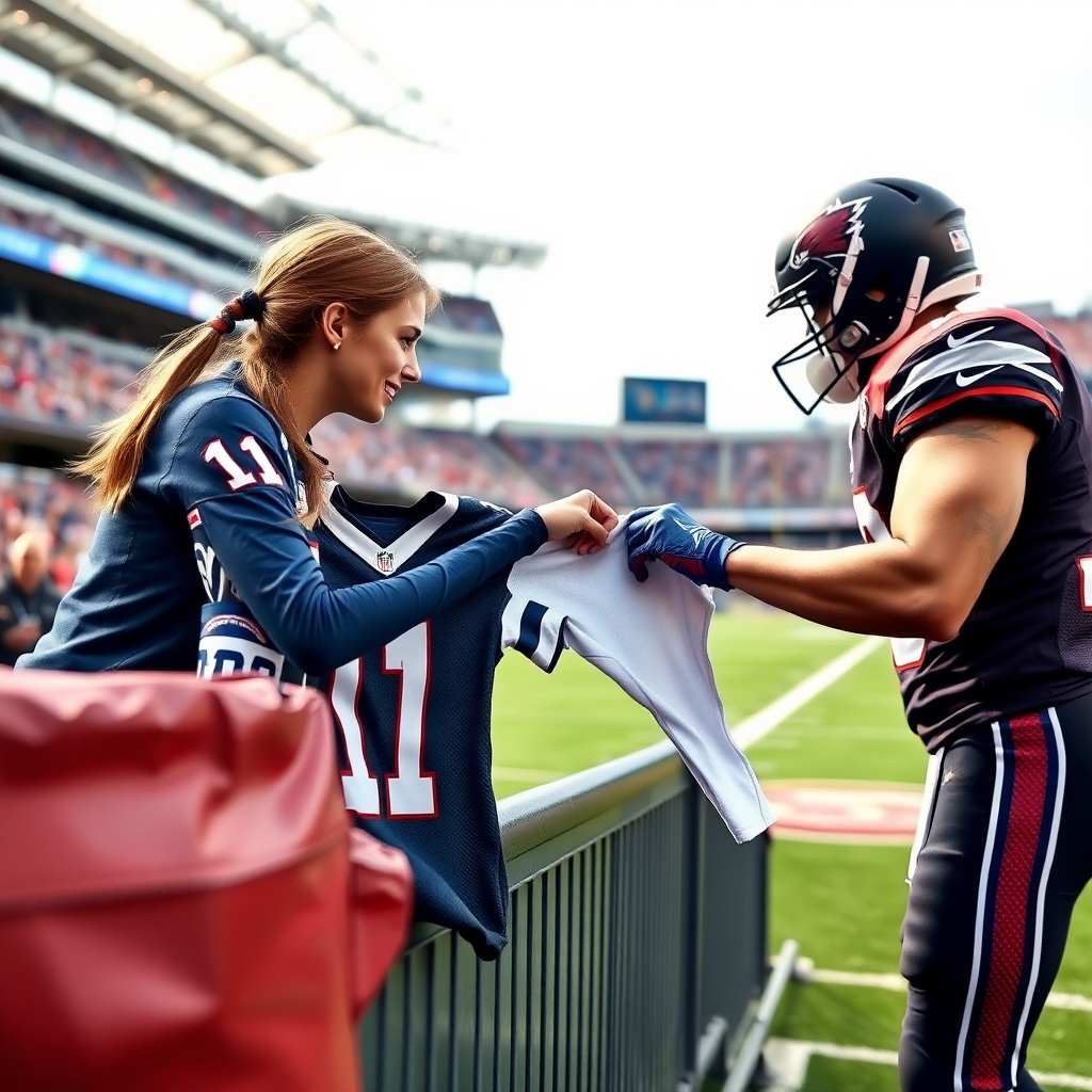 Attractive female NFL fan, pigtail hair, leaning forward over first row stadium barrier, handing over a spare jersey to NFL player who's in the field, player autographs it