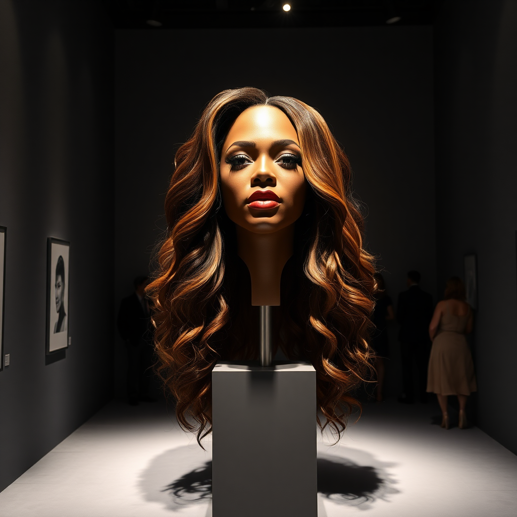 In a dimly lit exhibition hall that captures the essence of avant-garde artistry, a striking centerpiece commands attention—a stunning, life-sized reproduction of Beyoncé's disembodied head, artfully displayed atop an elegant, minimalist stand. Her luscious, cascading hair, flowing down like silken waterfalls, glimmers under soft spotlights, revealing various shades of deep ebony, sun-kissed caramel, and rich mahogany. Each strand of hair appears meticulously styled, evoking a sense of ethereality that captivates passersby.

The exhibit's atmosphere is infused with an intriguing blend of fascination and subtle mystery. The plain gray background serves as a striking contrast, emphasizing the intricate details of the head's delicate features and the sheer volume of her luxurious hair. As viewers meander through the exhibit, whispers of awe ripple through the crowd—an electric anticipation fills the air, punctuated by the occasional gasp, as onlookers contemplate the artistic statement of beauty and identity.

Glimmers of ambient lighting dance upon the hair, creating an almost dreamlike effect that draws the eye, while the subtle scent of polished wood and fresh paint lingers in the air, enhancing the sensory experience. Amidst this surreal setting, a skilled magician steps forward, performing deft sleight of hand tricks that play with illusions of reality, making it feel as though Beyoncé's hair might come alive at any moment. Curiosity intertwines with enchantment, making each viewer ponder the boundaries of beauty, art, and expression.