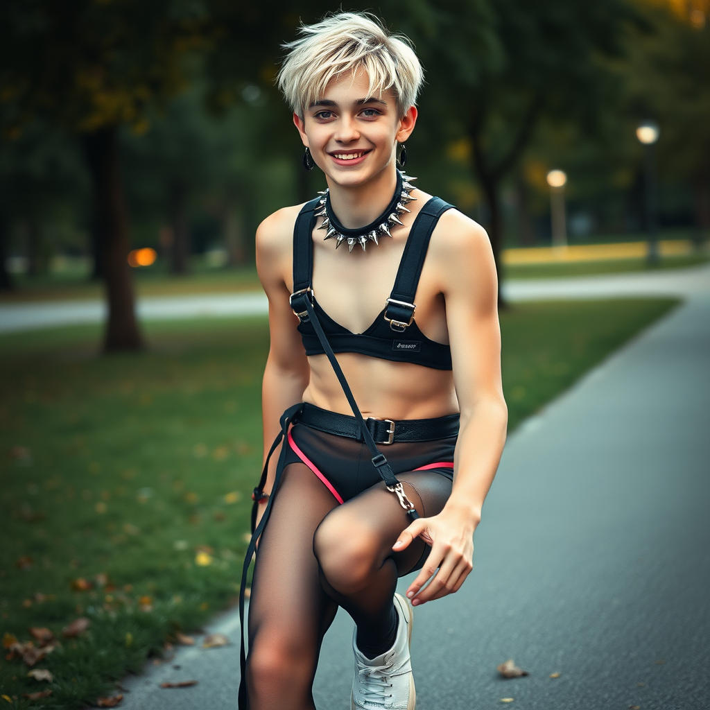 photorealistic, ultra high resolution, 16K, surreal fantasy, studio lighting, a pretty 16 year old goth boy, slim male physique, short blonde hair, goth makeup, earrings, pantyhose, harness, spikey dog collar and leash, trainer-bra, white ballet shoes, riding a skateboard in the park, excited smile, facing the camera.