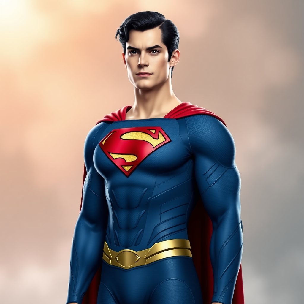 Generate a full-length image of Superman, utilizing Elastigirl's female figure. Maintain Superman's head, hairstyle, and facial features. Merge Superman's primary costume with Elastigirl's costume embellishments, adjusting it to fit the new proportions. Design the background blending elements inspired by both characters.