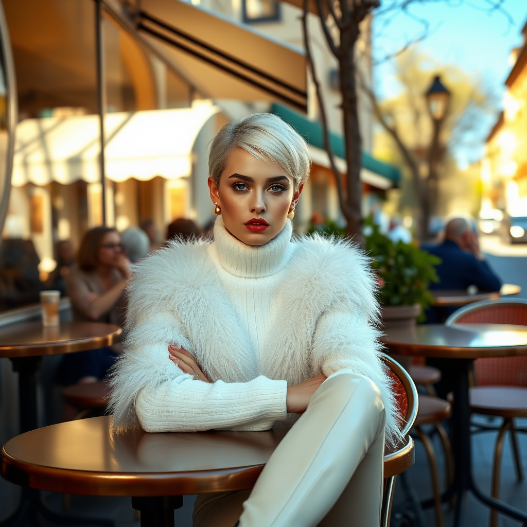 Sunny spring morning chichi-society, exclusive street café, sitting at café table looking at camera: Melissa: European 17 years old very convincing femboy “trophy-bimbo”, tamed servile docile, very beautiful feminine flawless face, rather short boyish figure, platinum blond short tight curls, bold red lips, heavily made-up face, wearing Supertanya-style very long and tight fluffy very fuzzy bright white angora turtleneck-poncho, white vinyl thigh-high boots with golden heels, gold earrings, pout frustrated.