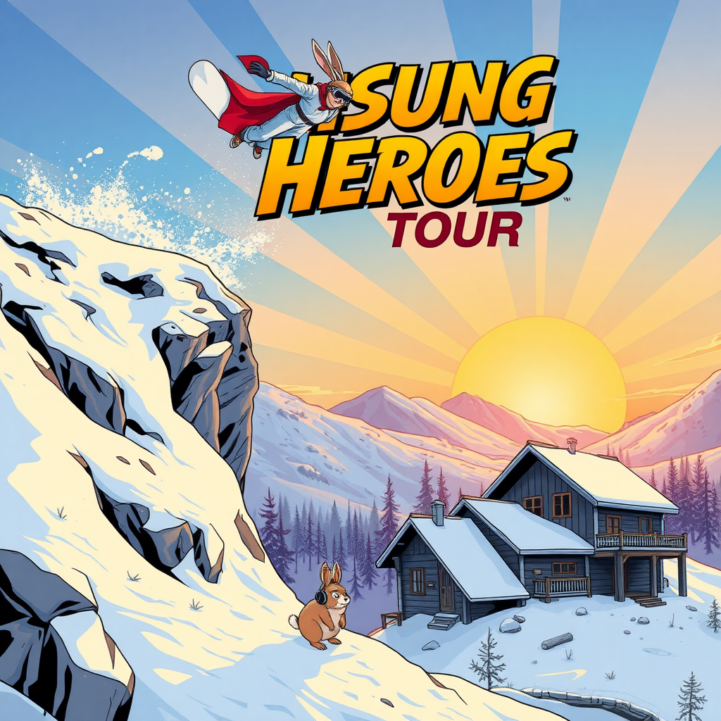 {
  "size": "1024x1792",
  "prompt": "A clean, modern comic book-style poster for the Unsung Heroes Tour 2025. The snowboarder is the main focus, seen from above, dramatically launching off a snow-covered rocky cliff into the unknown. The snowboarder should have no animal-like features (no bunny ears) and is about 1.5x the size of the snowshoe hare, which is much smaller and positioned far below in the background. The snowboarder's hero cape flutters behind them, adding a sense of adventure. A small snowshoe hare, significantly smaller than the snowboarder, is standing on its hind legs, wearing oversized headphones, looking up at the snowboarder from the ground with a comically exaggerated, awestruck expression. At the bottom of the hill is a rustic wooden lodge, clearly visible and representing the cozy, independent nature of the ski resort. The vibrant scene takes place during a sunrise, with warm, glowing colors filling the sky, enhancing the overall energy of the poster. The title 'Unsung Heroes Tour 2025' is clearly, accurately and prominently displayed in a bold, 3D comic book-style typeface. The overall style is clean, energetic, adventurous, and visually cohesive."
}