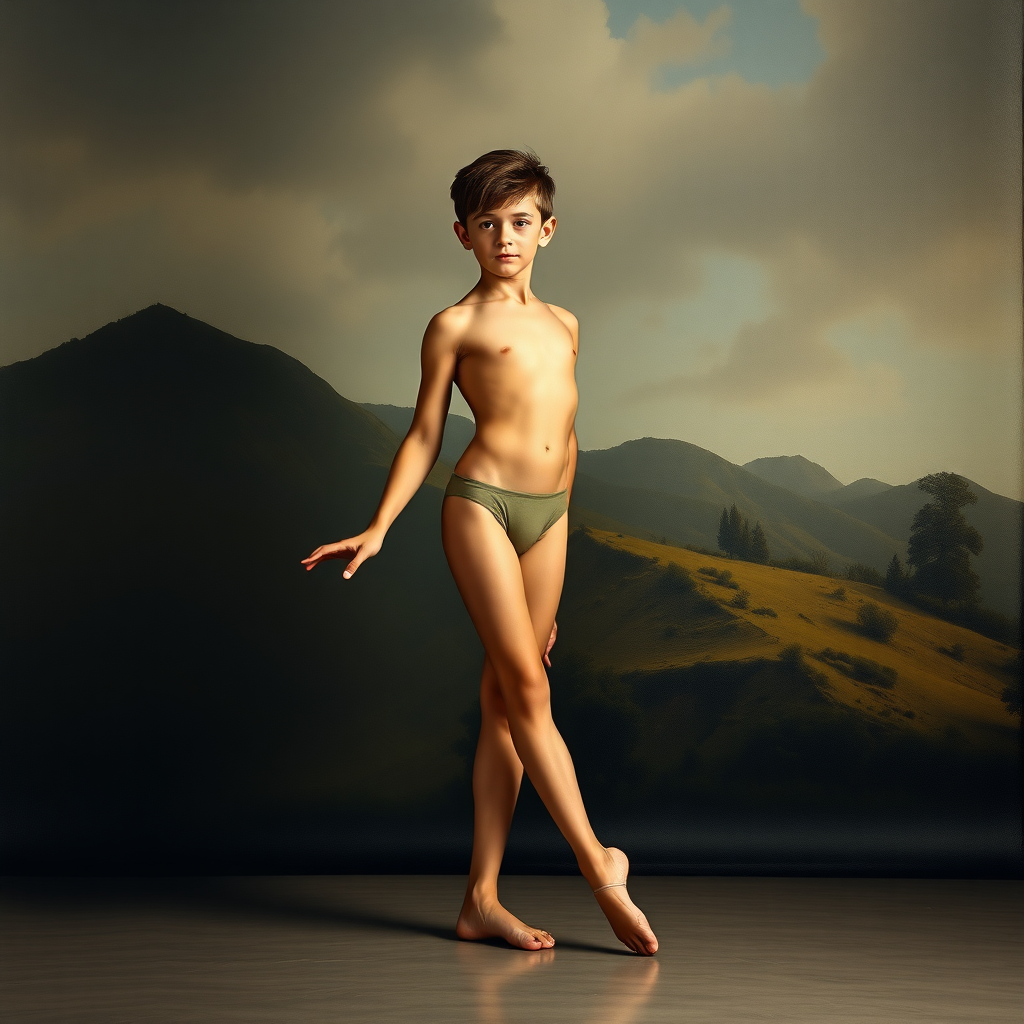 extremely high quality photograph:

Style - nude and art-photorealism.
Figure and face of the boy - in the style of nude and art-photorealism by Otto Lomuller and Pierre Joubert.
General style - in the style of nude and art-photorealism by Marina Kazakova.
The background is in the style of landscape style by Antonio del Polaiolo.
The boy is a beautiful and lovely, naked, trim and slender 13-year-old barefoot ballet dancer with a graceful and flexible boyish type of physique, slightly lean.