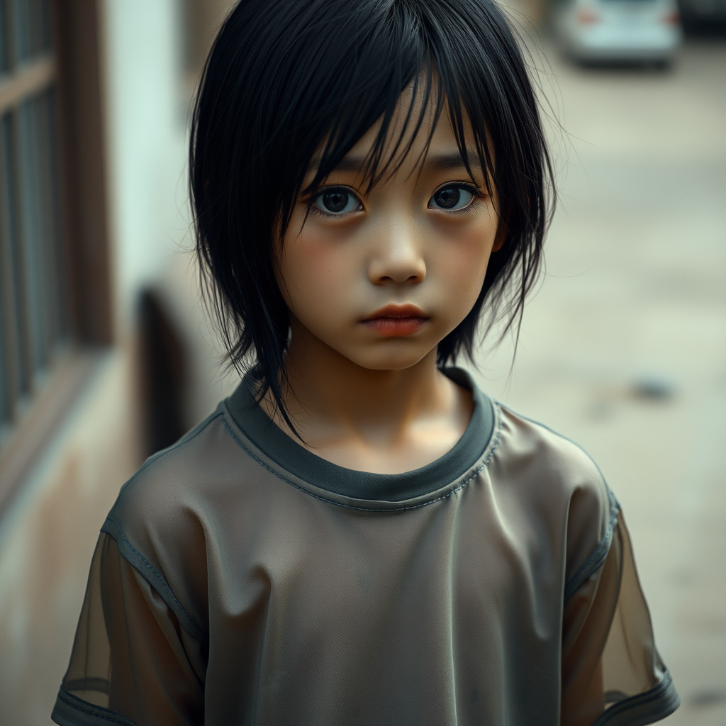 A homeless and sad and mystery and surreal Asian girl in a very old transparent T-shirt, with black hair and black eyes is looking without hope in her eyes and a little bit crying.