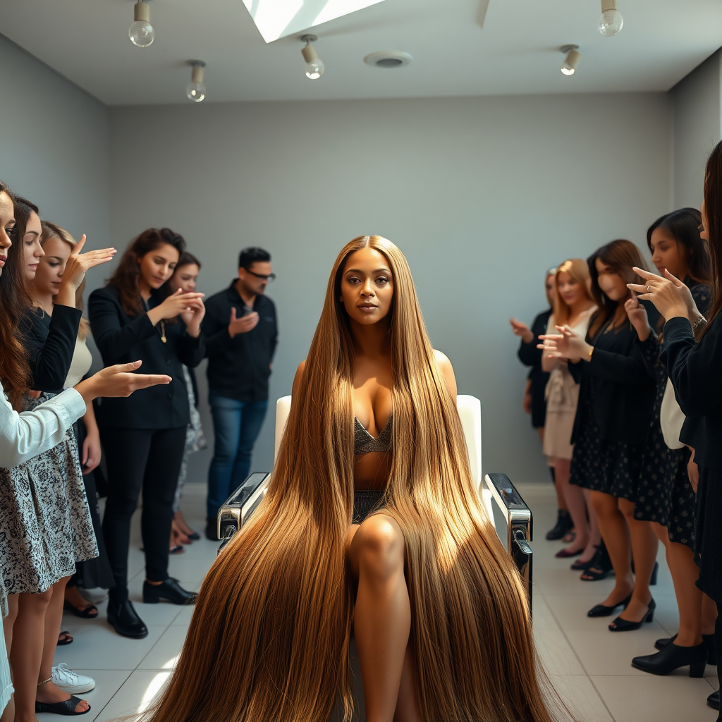 In an elegant, sunlit salon, adorned with soft, minimalistic decor, the stunning Beyoncé sits gracefully in a salon chair, her incredibly long, luxurious hair cascading like a flowing waterfall of silk down her shoulders and past her waist. The gentle glow of overhead lights highlights the rich, deep hues of her hair, each strand reflecting the brilliance of the space around her. 

As an interactive long hair fetish performance art exhibit unfolds, curious visitors gather around, their eyes alight with fascination and excitement. Some eagerly reach out, gently grasping her hair between their fingers, feeling the smooth texture slip through their hands, while others playfully tug at it, testing the boundaries of their interactions. Each movement is accompanied by a symphony of soft gasps and murmurs of appreciation, enhancing the atmosphere of intimacy and connection.

The background is a simple, unobtrusive gray, allowing the artistry of the moment to take center stage. The air is charged with a sense of wonder and exploration, as visitors not only admire Beyoncé's hair but also engage in this tactile experience, deepening their understanding of the artistry behind her presence. Her expression is a mixture of serenity and playful engagement and submission, reflecting her comfort and trust in this unique performance, ultimately creating a captivating scene where art and audience intertwine seamlessly.