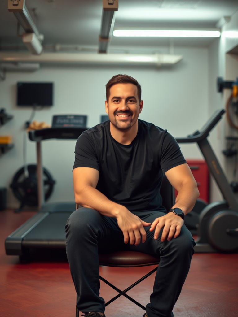 picture of a man sitting on a chair in the Corner of a well Lit garage in front a treadmill, looking into the camera with a friendly Expression, medium shot, commercial bright lighting, Ultra-Realistic